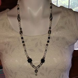 Long black & silver boho necklace 29” long New